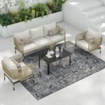 Kylie Outdoor Sofa Set 3 Seater , 2 Single seater and 1 Center Table Braided & Rope(Tan)