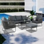 Castolo Outdoor Garden Balcony Sofa Set 3 Seater, 2 Single Seater 1 Ottoman and 1 Center Table Set Braid & Rope (Grey)