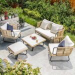 Elix Outdoor Sofa Set 2 Seater, 2 Single seater and 1 Center Table with ottoman (Tan) Braided & Rope