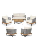 Logema Outdoor Garden Balcony Sofa Set 2 Seater,4 Single Seater With 1 Table Set, Braid & Rope (Grey + Beige) - Image 2