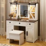 43.3" Beige Farmhouse Makeup Vanity – LED Mirror, Storage Stool & Charging Port - Image 8