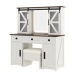 43.3" Beige Farmhouse Makeup Vanity – LED Mirror, Storage Stool & Charging Port - Image 2
