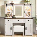43.3" Beige Farmhouse Makeup Vanity – LED Mirror, Storage Stool & Charging Port