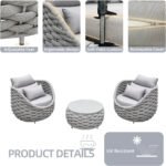Fiae Outdoor Patio Seating Set 2 Chairs and 1 Table Set (Light Grey) Braided & Rope - Image 6
