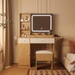 Makeup Vanity Desk w/ LED Lights & Power Outlets - 2 Drawers, Cabinet & Stool - Dressing Table with Charging Station - Image 3