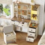 Rustic Farmhouse Makeup Vanity Set – Vintage White Table with Stool - Image 12