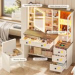 Rustic Farmhouse Makeup Vanity Set – Vintage White Table with Stool - Image 14