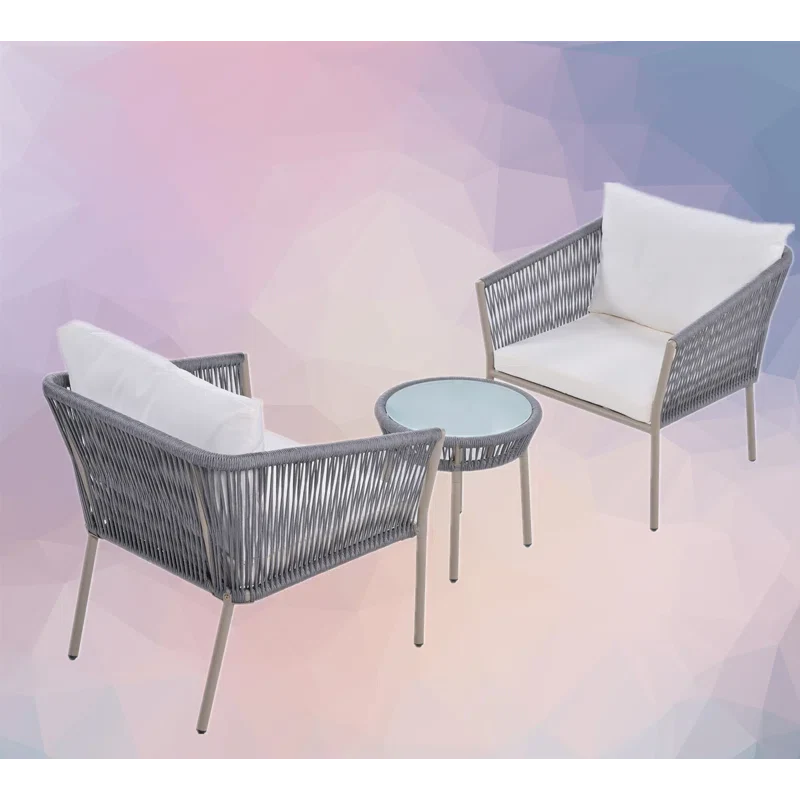 Milano Outdoor Patio Seating Set 2 Chairs and 1 Table Set (Grey) Braided & Rope - Image 3