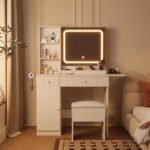 Makeup Vanity Desk w/ LED Lights & Power Outlets - 2 Drawers, Cabinet & Stool - Dressing Table with Charging Station - Image 10