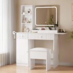 Makeup Vanity Desk w/ LED Lights & Power Outlets - 2 Drawers, Cabinet & Stool - Dressing Table with Charging Station