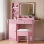 Makeup Vanity Desk w/ LED Lights & Power Outlets - 2 Drawers, Cabinet & Stool - Dressing Table with Charging Station - Image 2