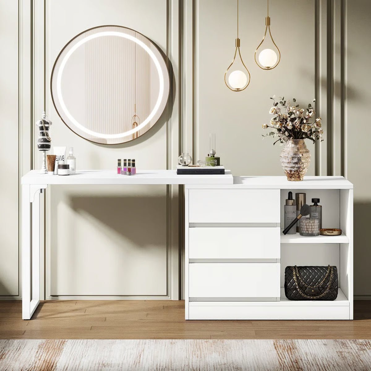 White Bedroom Vanity Table – Makeup Desk with 3 Drawers & Open Shelves
