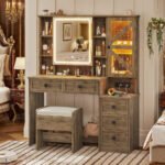 Rustic Farmhouse Makeup Vanity Set – Vintage White Table with Stool - Image 2